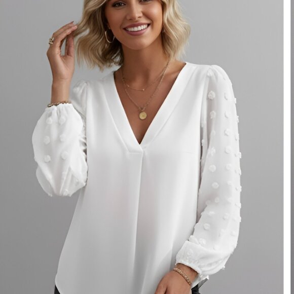 White Chiffon Swiss Dot Lantern Sleeve V-Neck Shirt - Picture 1 of 8